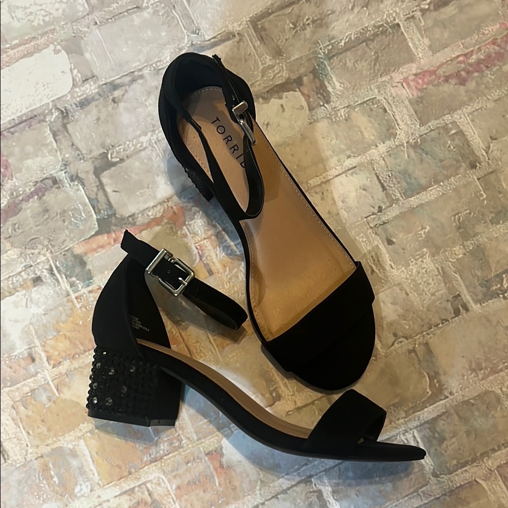 Torrid Wide Width Black Rhinestone Block Heel Strappy Sandals